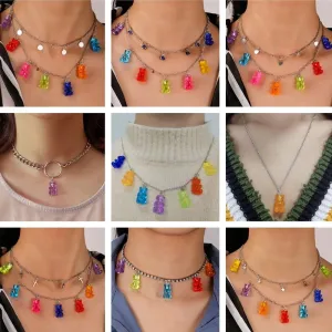 Candy Color Stars Hearts Gummy Mini Bear Chain Necklaces for Women Cute Crtoon Animal Pendants Jewelry