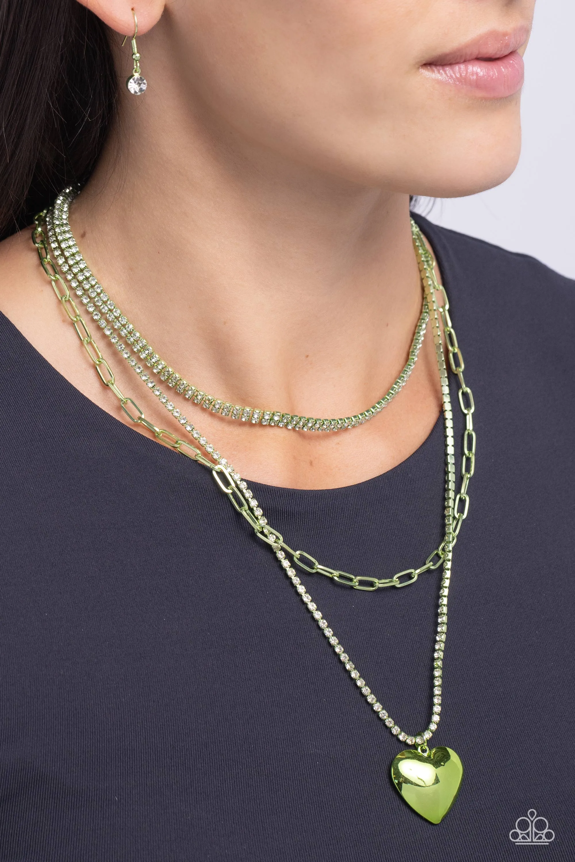 Caring Cascade - Green - Tiered Chain Heart Paparazzi Short Necklace