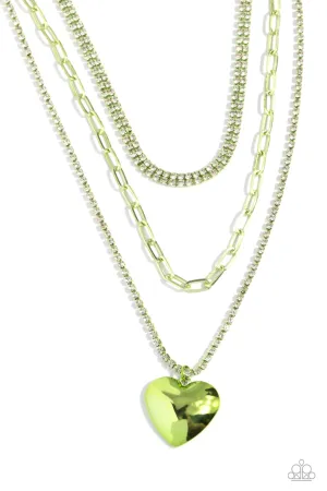 Caring Cascade - Green - Tiered Chain Heart Paparazzi Short Necklace