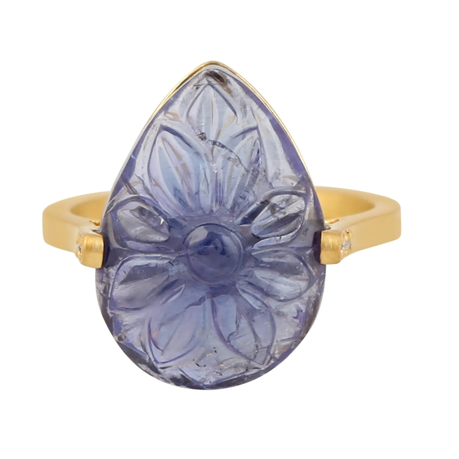 Carved Tanzanite Flower Pave Diamond Pear Shaped Ring In 18k Yellow Gold