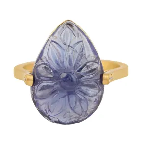 Carved Tanzanite Flower Pave Diamond Pear Shaped Ring In 18k Yellow Gold