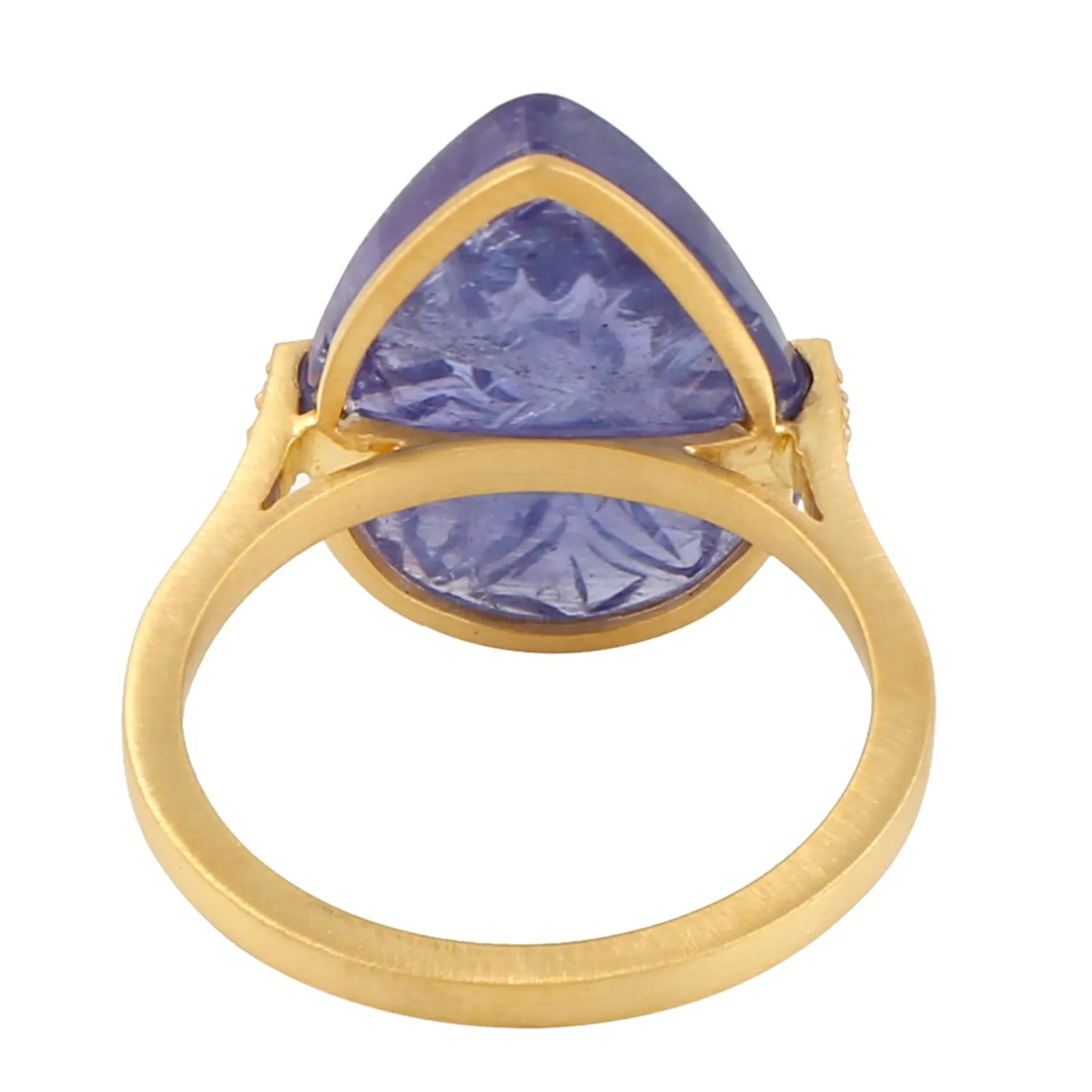 Carved Tanzanite Flower Pave Diamond Pear Shaped Ring In 18k Yellow Gold