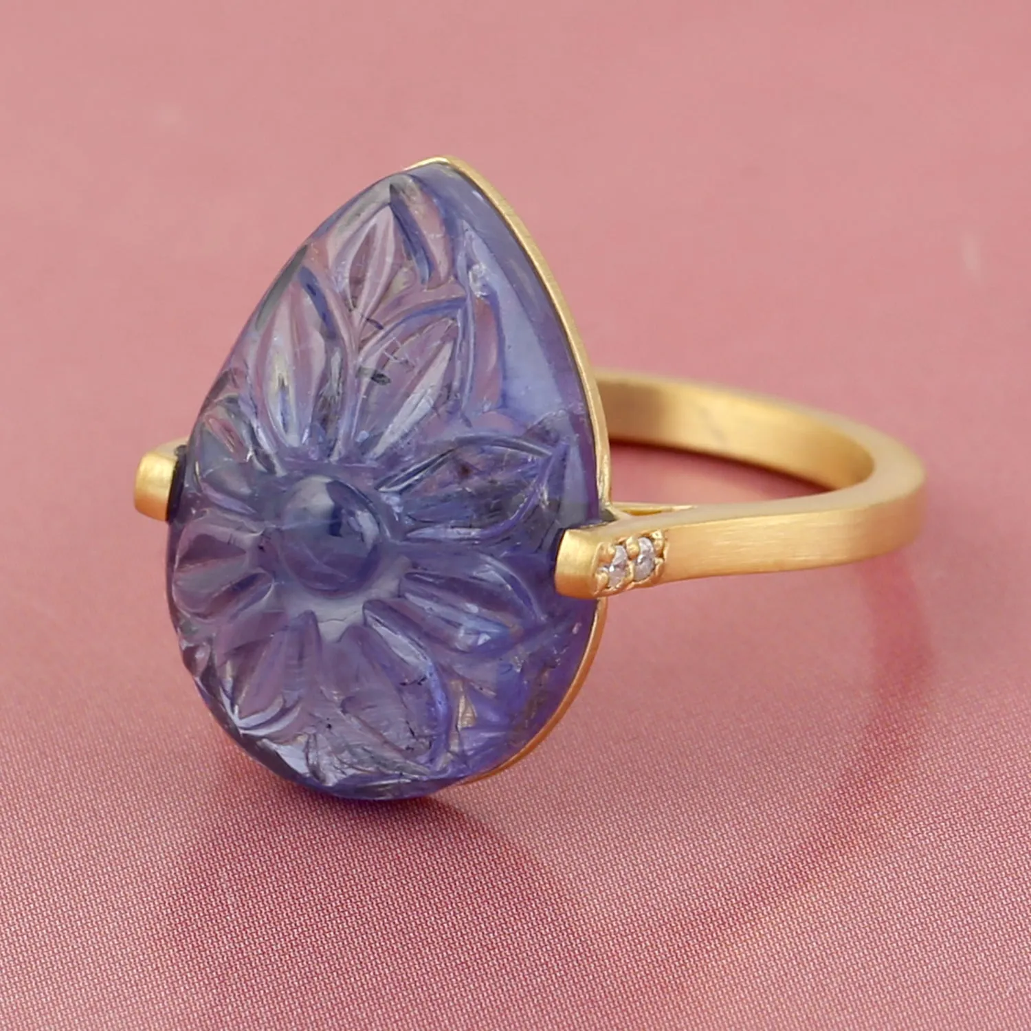 Carved Tanzanite Flower Pave Diamond Pear Shaped Ring In 18k Yellow Gold