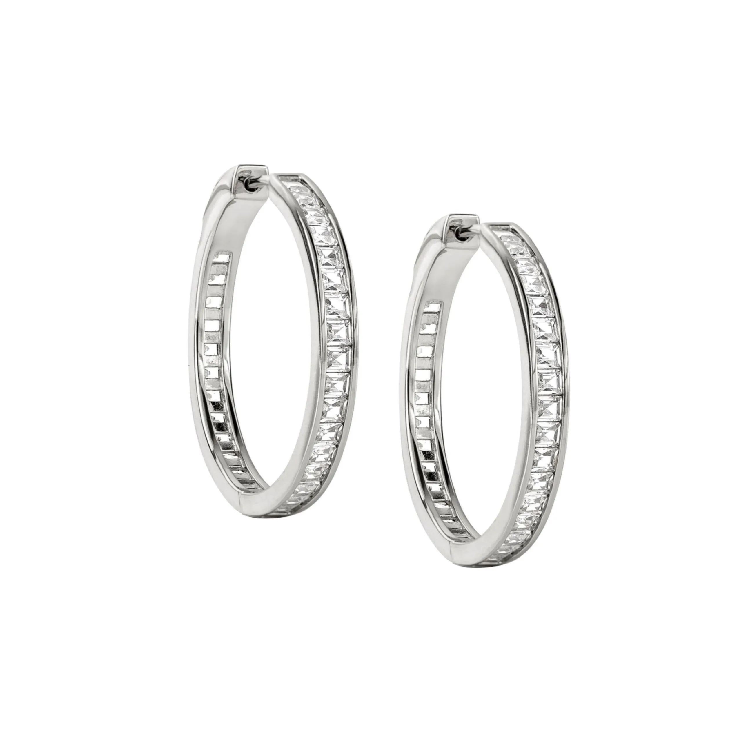 Channel Set Square C.Z. Silver Hoop Earrings