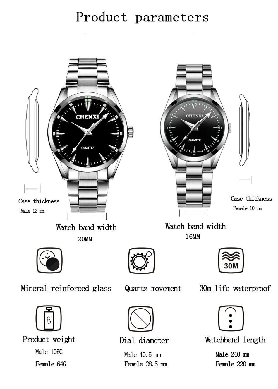 CHENXI New Quartz Mens Watches Waterproof Top Brand Luxury Business Watch for Men Women Stainless Steel Sports Wristwatches