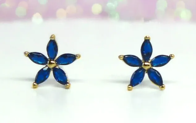 Children's Earrings:  Surgical Steel, Gold IP, with Vibrant Blue AAA CZ Flowers Reversible Screw Backs