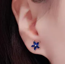 Children's Earrings:  Surgical Steel, Gold IP, with Vibrant Blue AAA CZ Flowers Reversible Screw Backs
