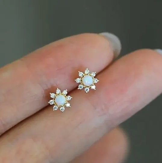 Children's, Teens' and Mothers' Earrings:  18k Gold over Sterling Silver White Fire Opals with Clear CZ Halo, with Push Backs and Gift Box