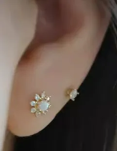 Children's, Teens' and Mothers' Earrings:  18k Gold over Sterling Silver White Fire Opals with Clear CZ Halo, with Push Backs and Gift Box