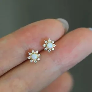 Children's, Teens' and Mothers' Earrings:  18k Gold over Sterling Silver White Fire Opals with Clear CZ Halo, with Push Backs and Gift Box