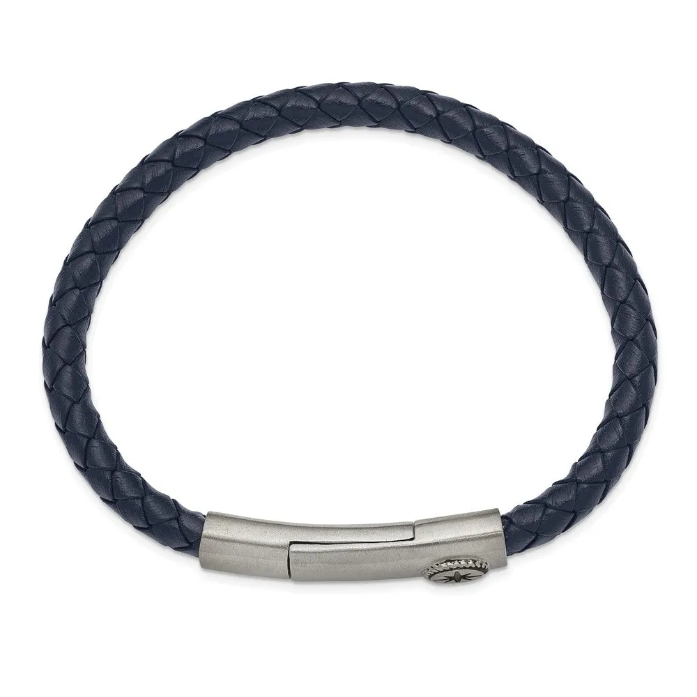 Chisel Stainless Steel Antiqued and Brushed Compass Navy Blue Braided Leather 8 inch Bracelet