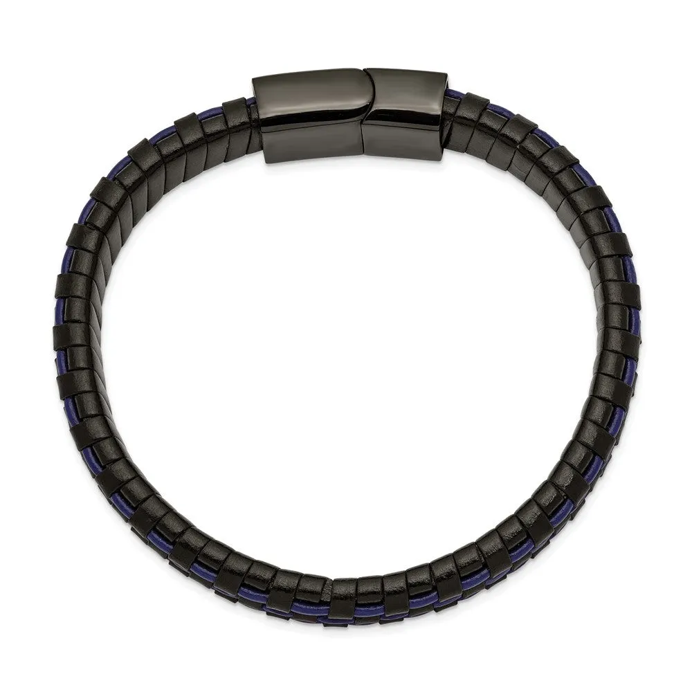 Chisel Stainless Steel Polished Black IP-plated and  Black and Blue Leather 8.25 inch Bracelet
