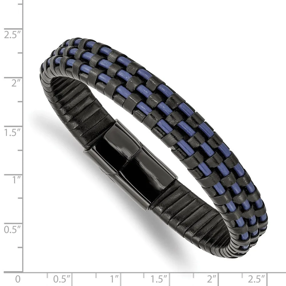 Chisel Stainless Steel Polished Black IP-plated and  Black and Blue Leather 8.25 inch Bracelet