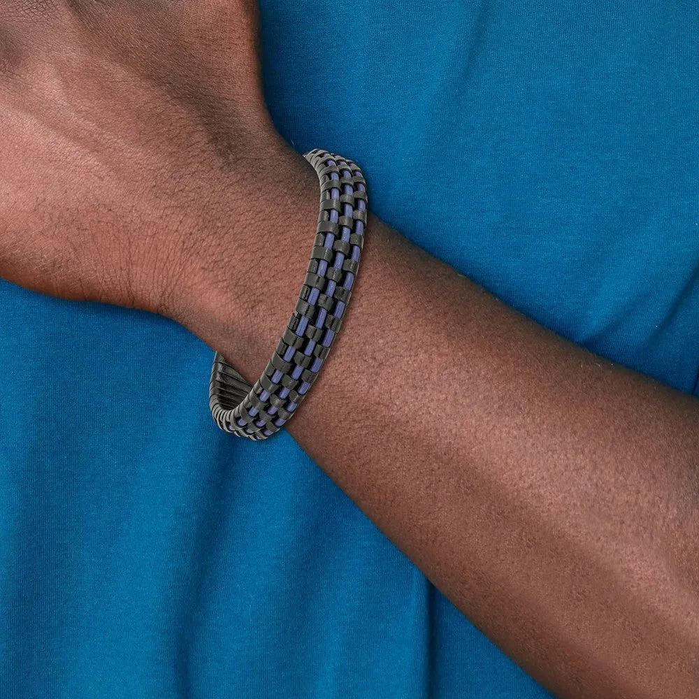 Chisel Stainless Steel Polished Black IP-plated and  Black and Blue Leather 8.25 inch Bracelet