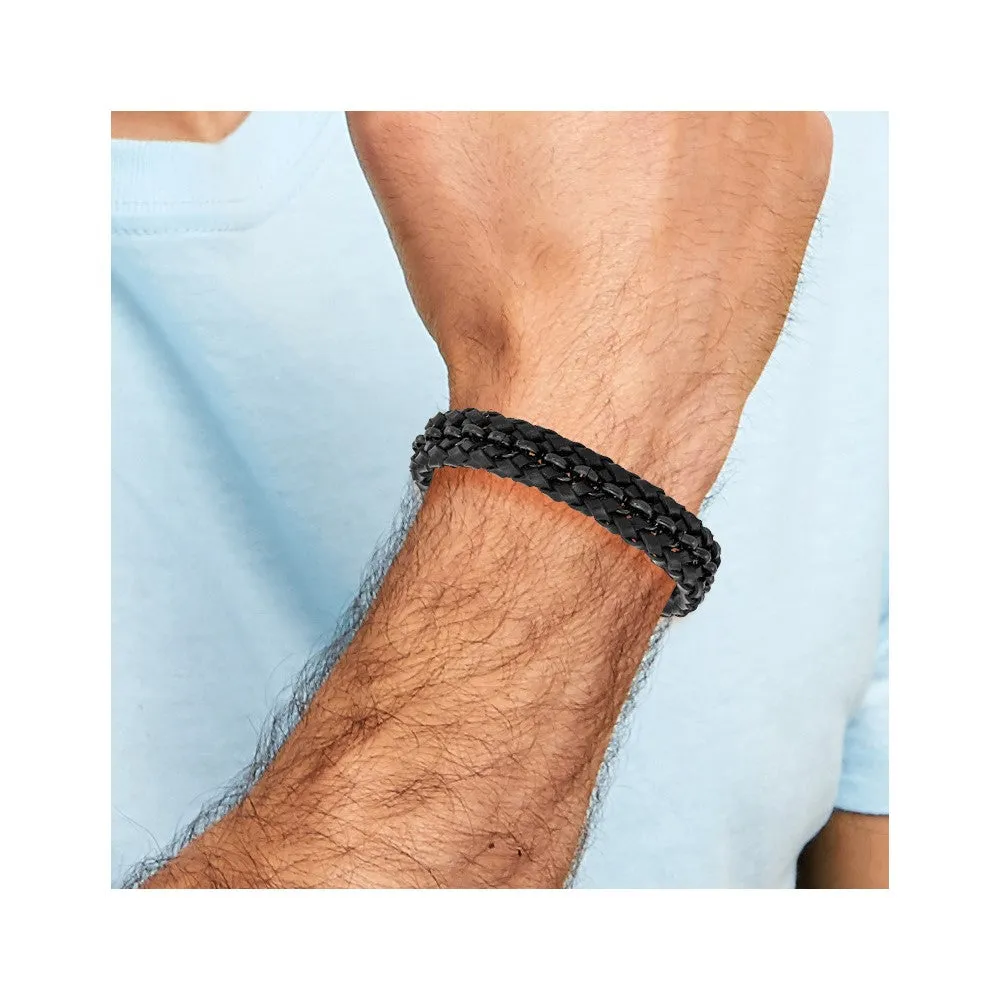 Chisel Stainless Steel Polished Black IP-plated Black Braided Leather 8 inch Bracelet with .5 inch Extension