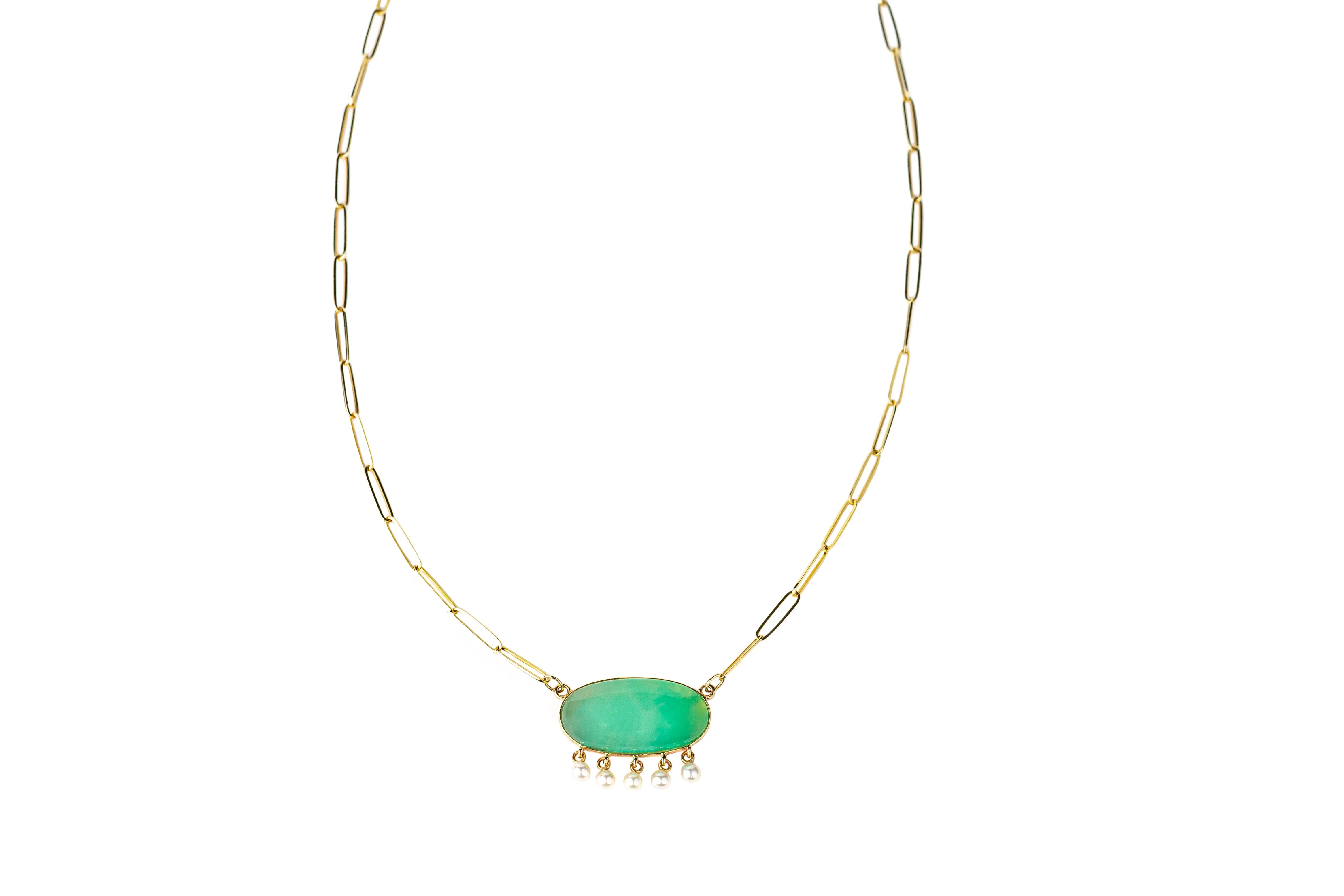Chrysoprase   Freshwater Pearls On Paperclip Chain In 14K