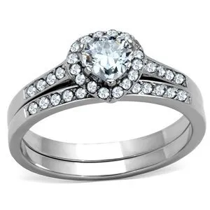 CJG1498 Wholesale CZ Stainless Steel Halo Heart Wedding Ring Set