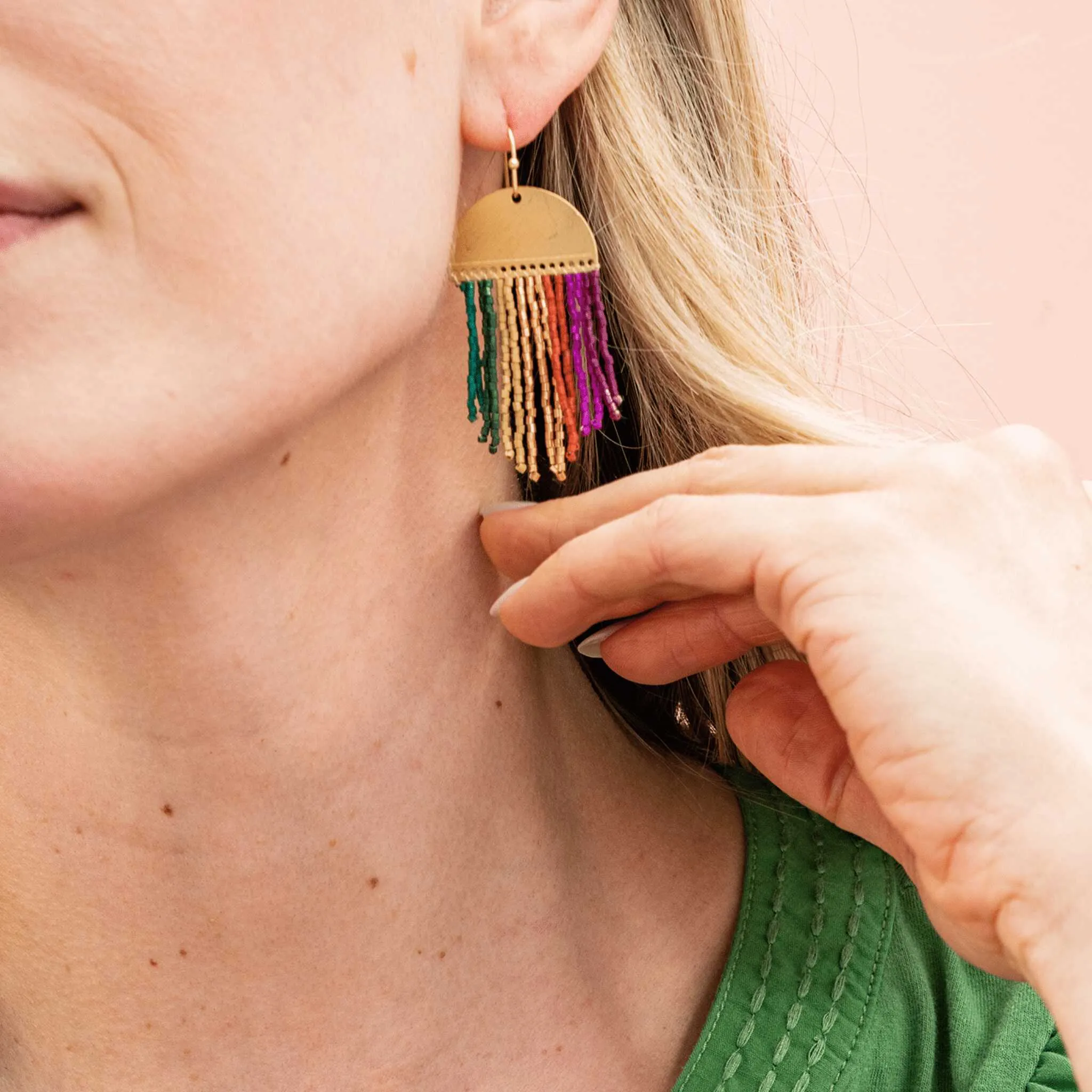 Claudia Multi-Striped Short Beaded Fringe Earrings Muted