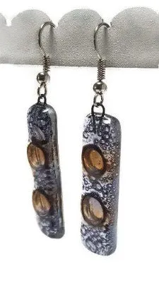 Clear lilac and Brown bars... Lots of  bubbles. Recycled Fused Glass Dangling earrings