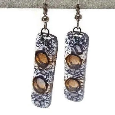 Clear lilac and Brown bars... Lots of  bubbles. Recycled Fused Glass Dangling earrings