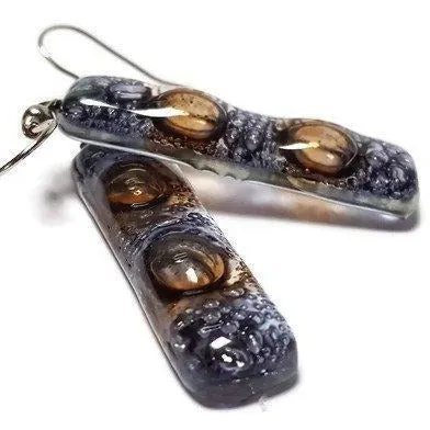 Clear lilac and Brown bars... Lots of  bubbles. Recycled Fused Glass Dangling earrings