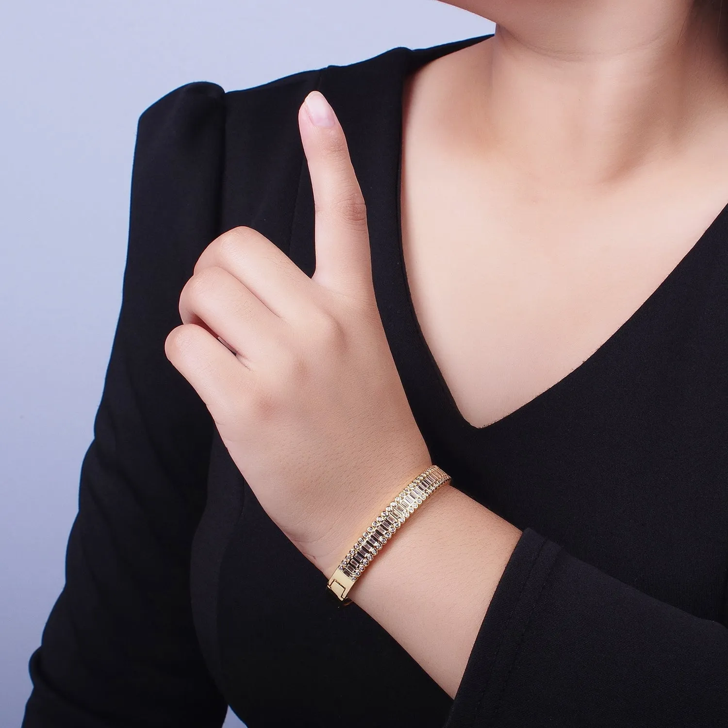 Clearance Pricing BLOWOUT 24K Gold Filled Round Baguette Cubic Zirconia Bar Bangle Bracelet in Gold & Silver | WA-1412 WA-1413