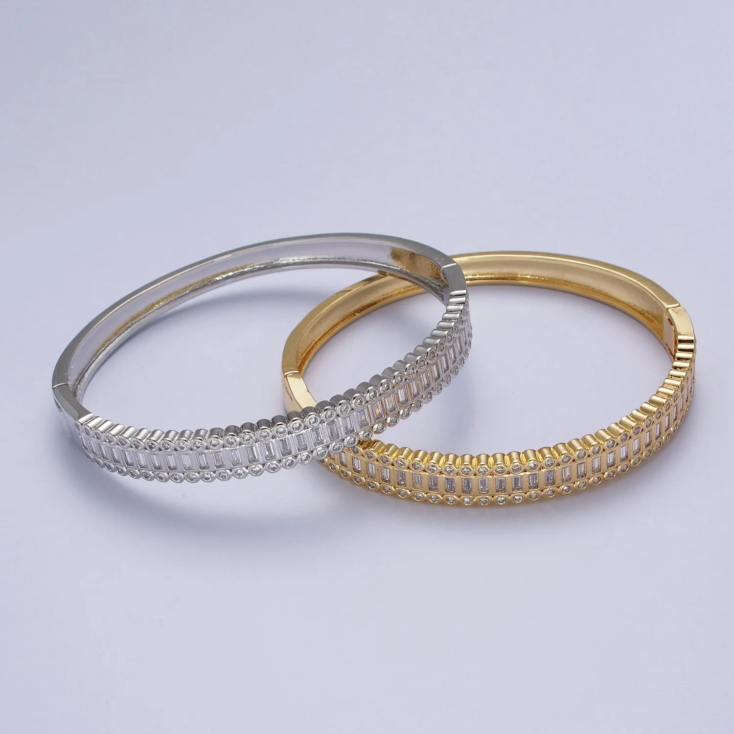 Clearance Pricing BLOWOUT 24K Gold Filled Round Baguette Cubic Zirconia Bar Bangle Bracelet in Gold & Silver | WA-1412 WA-1413