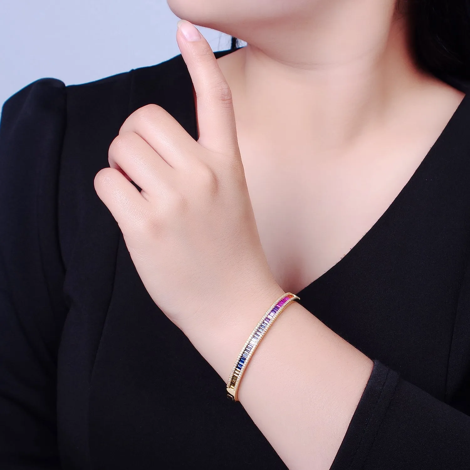 Clearance Pricing BLOWOUT Dainty Gold Baguette CZ Diamond Bangle Bracelet Color Ombre CZ Party Wear Stackable Jewelry WA-975