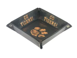 Clemson Tigers Men's Collegiate Valet Tray, Catch-all, Desk Organizer, Nightstand Tray. Brown Burnished Full Grain Leather Finish.