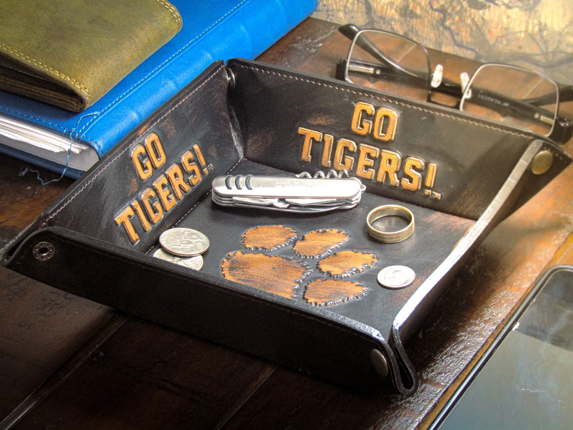 Clemson Tigers Men's Collegiate Valet Tray, Catch-all, Desk Organizer, Nightstand Tray. Brown Burnished Full Grain Leather Finish.