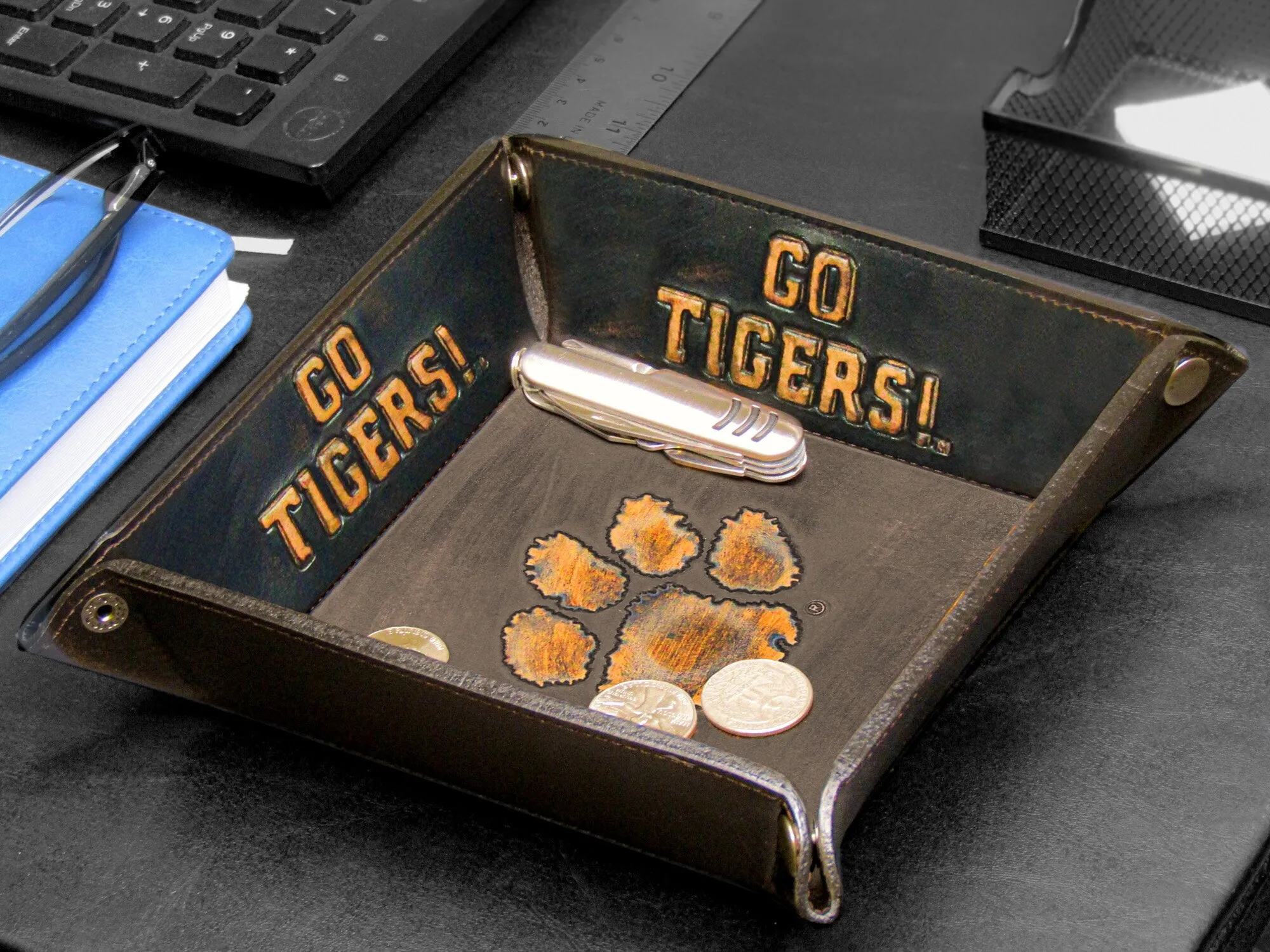 Clemson Tigers Men's Collegiate Valet Tray, Catch-all, Desk Organizer, Nightstand Tray. Brown Burnished Full Grain Leather Finish.
