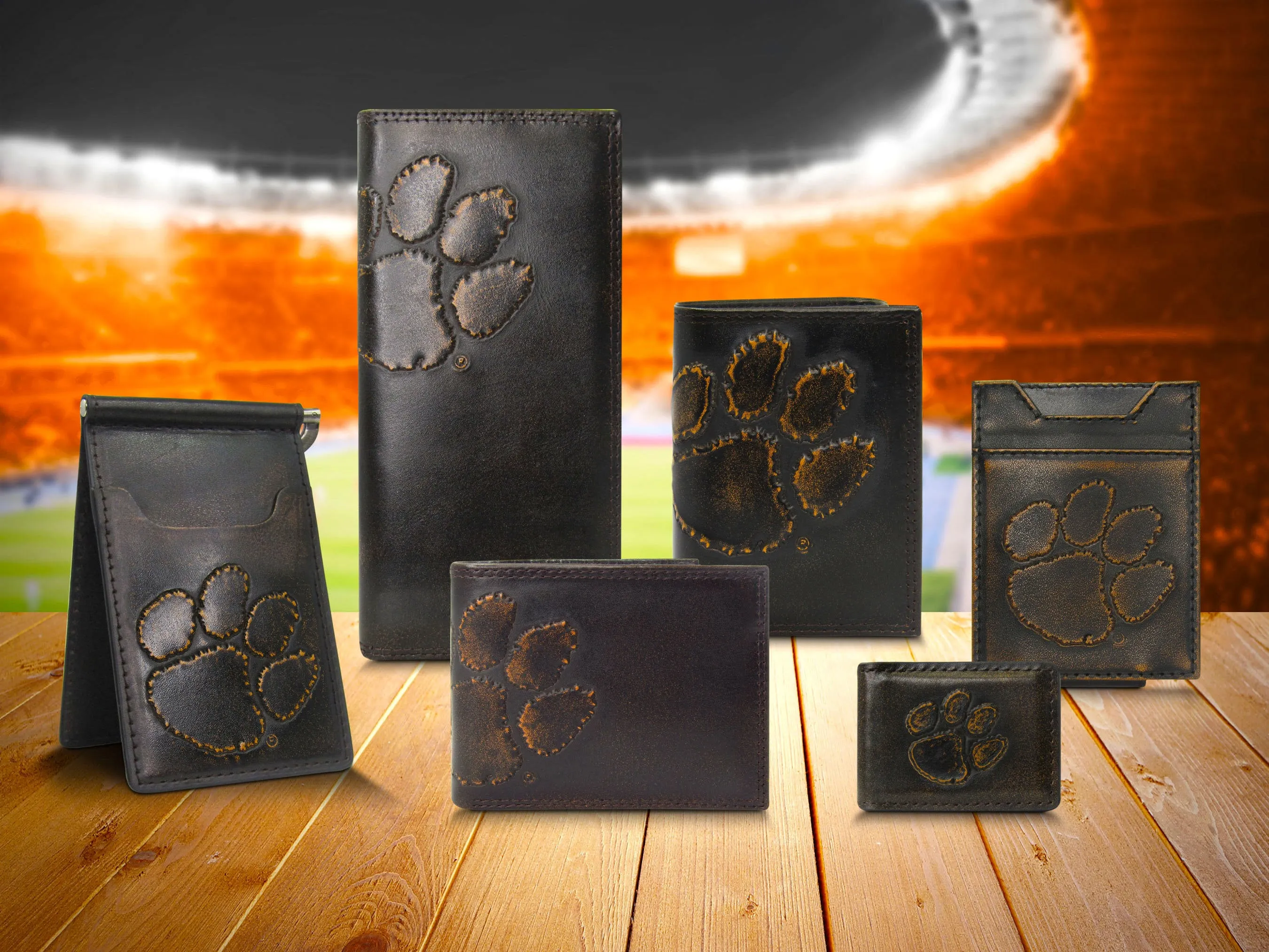Clemson Tigers Men's Collegiate Valet Tray, Catch-all, Desk Organizer, Nightstand Tray. Brown Burnished Full Grain Leather Finish.
