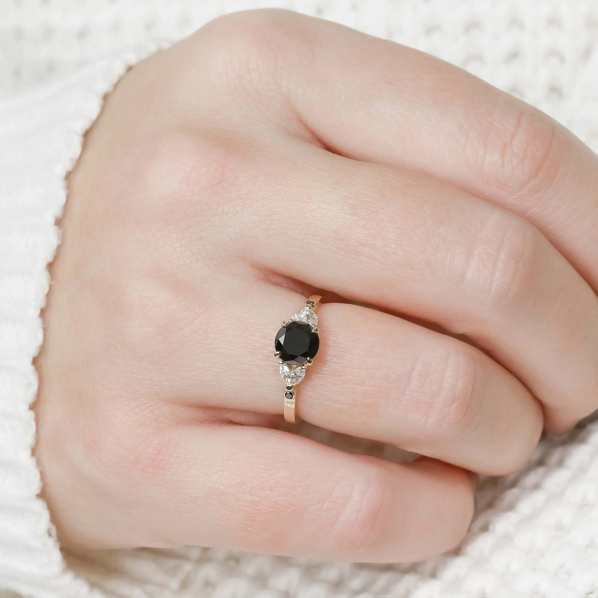 Corona Australis Floral  Natural Black & White Marquise Diamond Ring