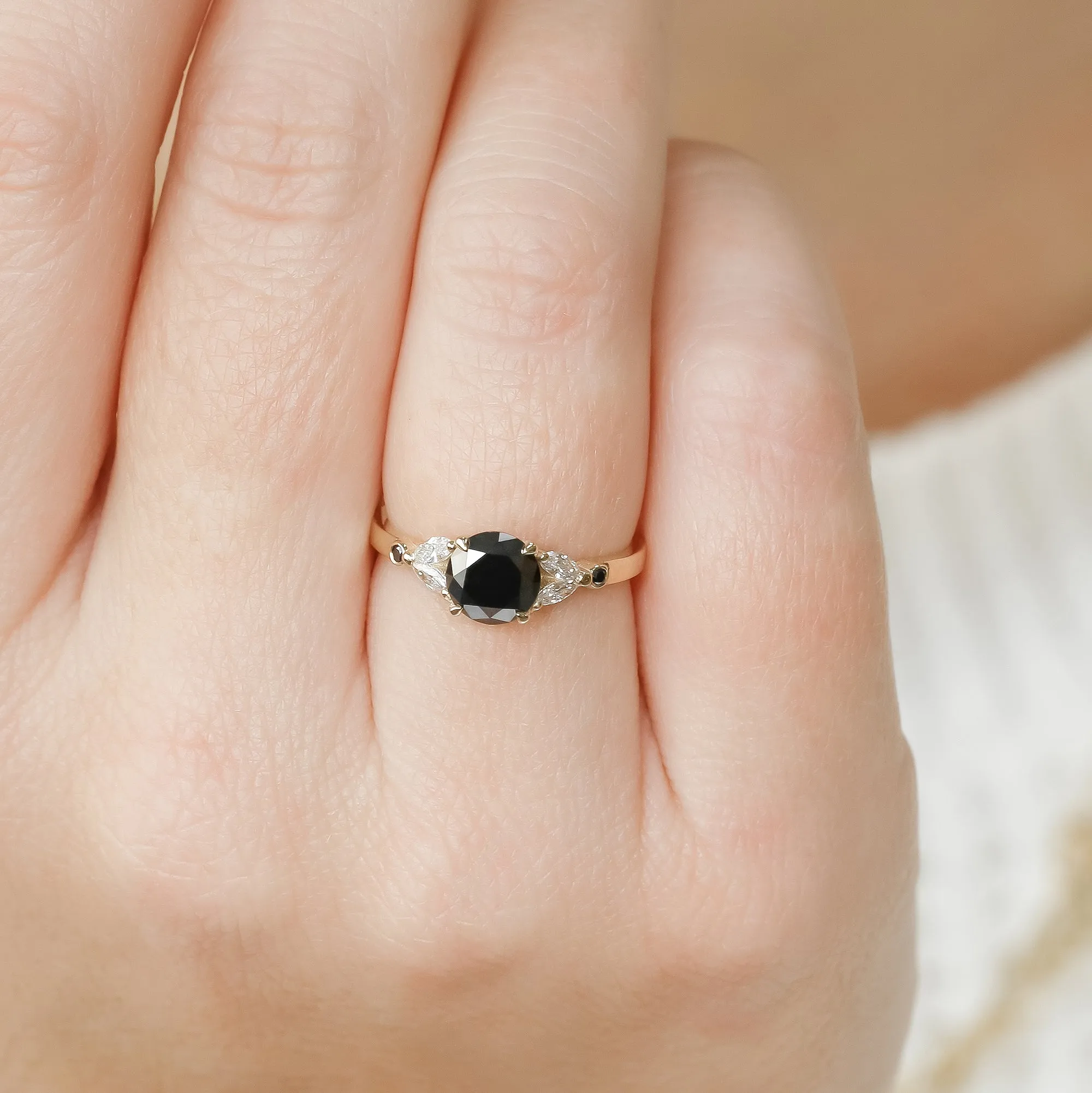 Corona Australis Floral  Natural Black & White Marquise Diamond Ring