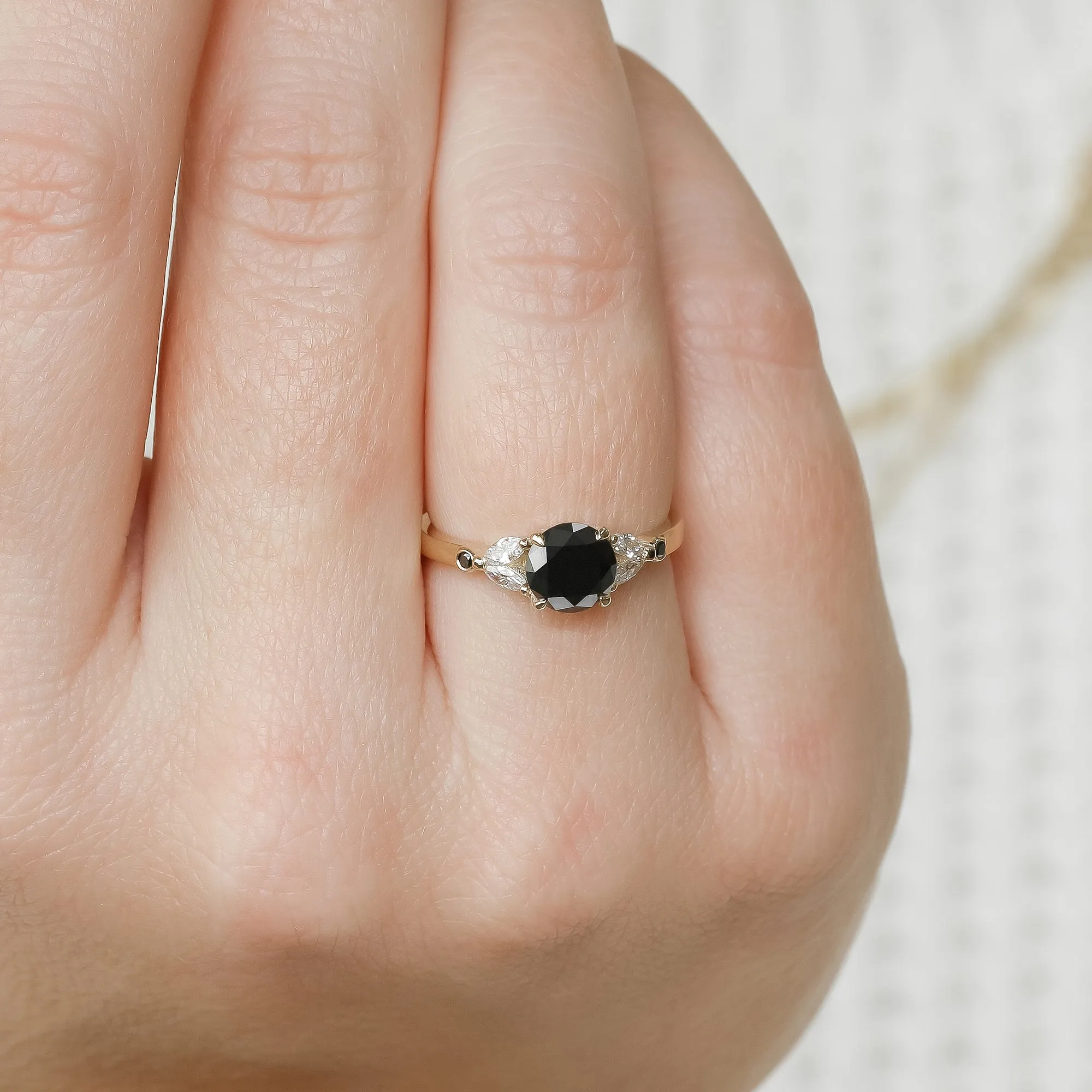 Corona Australis Floral  Natural Black & White Marquise Diamond Ring