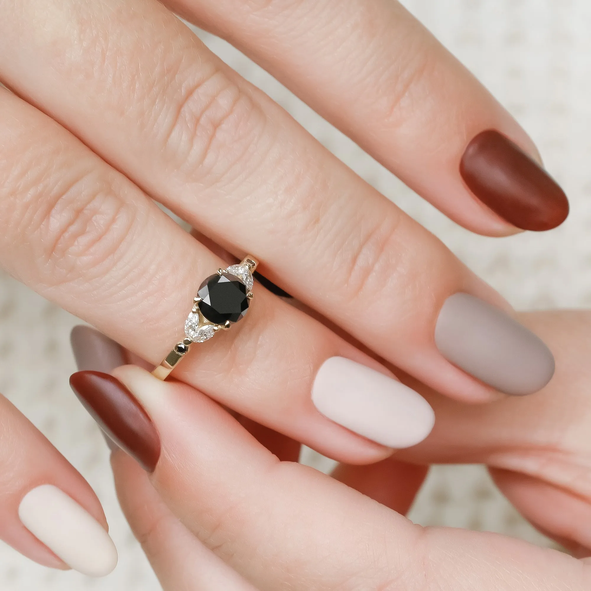 Corona Australis Floral  Natural Black & White Marquise Diamond Ring