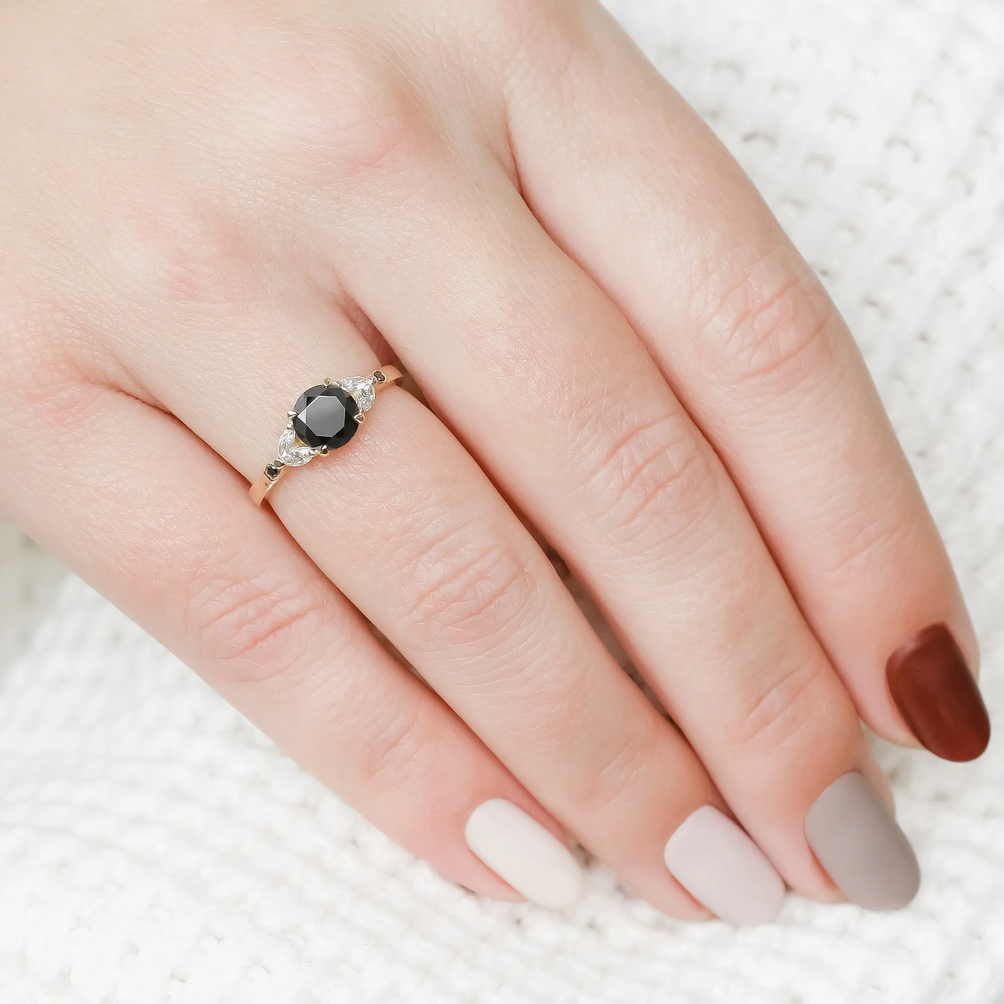 Corona Australis Floral  Natural Black & White Marquise Diamond Ring