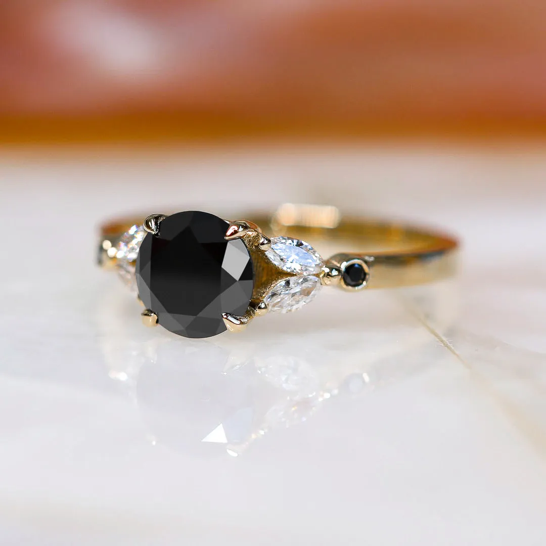 Corona Australis Floral  Natural Black & White Marquise Diamond Ring