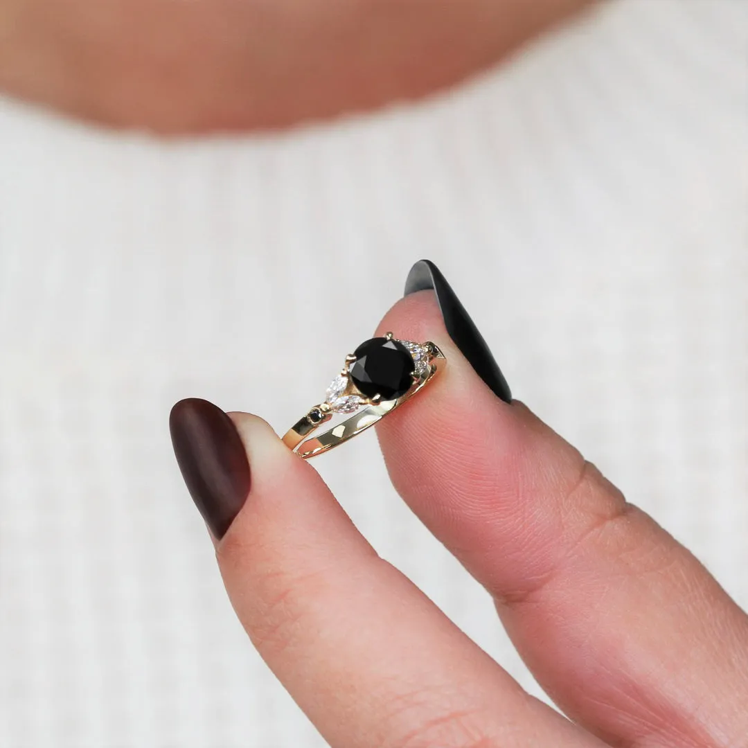 Corona Australis Floral  Natural Black & White Marquise Diamond Ring