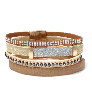 CREAM LEATHER CRYSTAL GLITTER GOLD  BRACELET #SQ6020G (BD10)