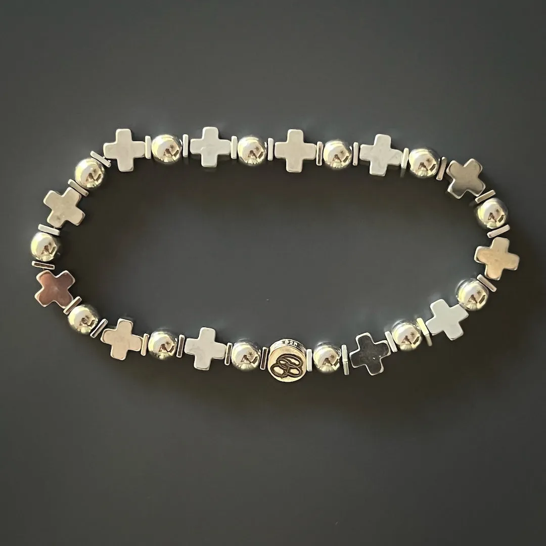 Cross Beaded Silver Hematite Stone Men Bracelet