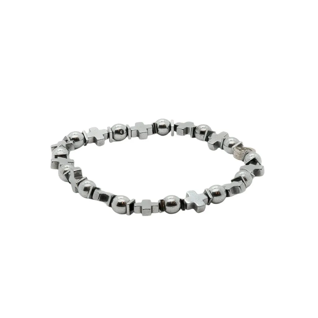 Cross Beaded Silver Hematite Stone Men Bracelet