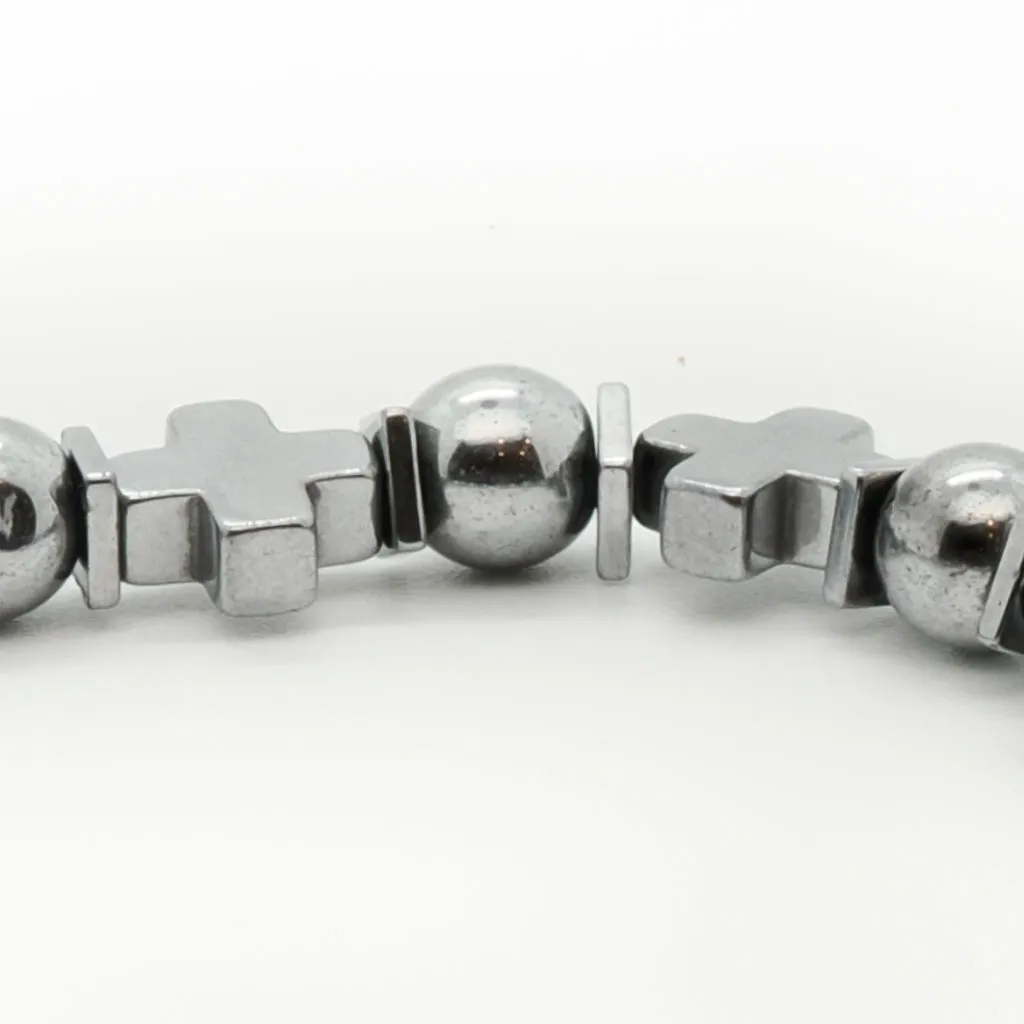 Cross Beaded Silver Hematite Stone Men Bracelet
