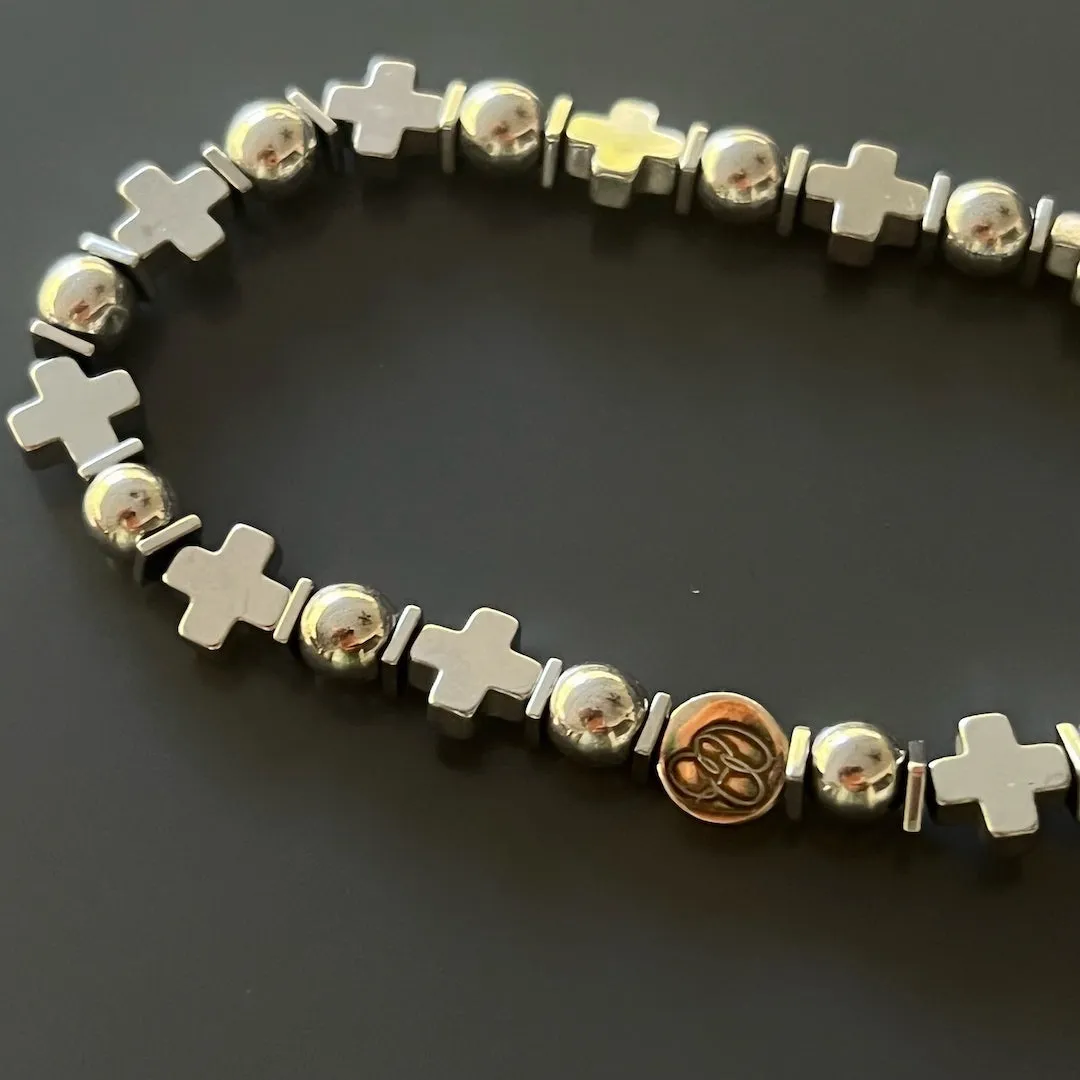 Cross Beaded Silver Hematite Stone Men Bracelet
