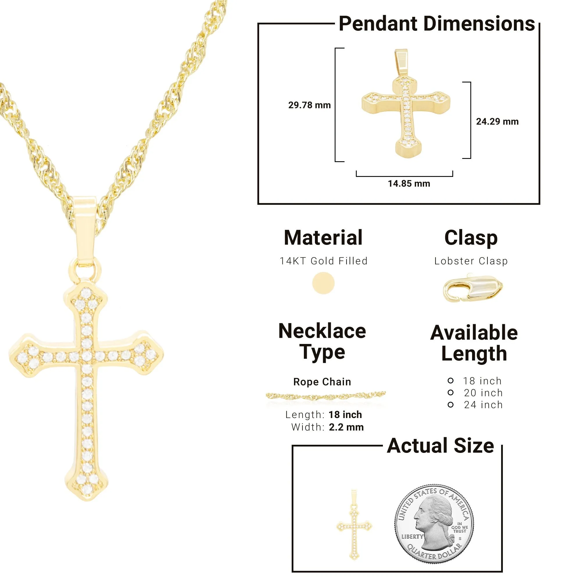 Cross Pendant Cubic Zirconia 14K Gold Filled Chain Necklace Set