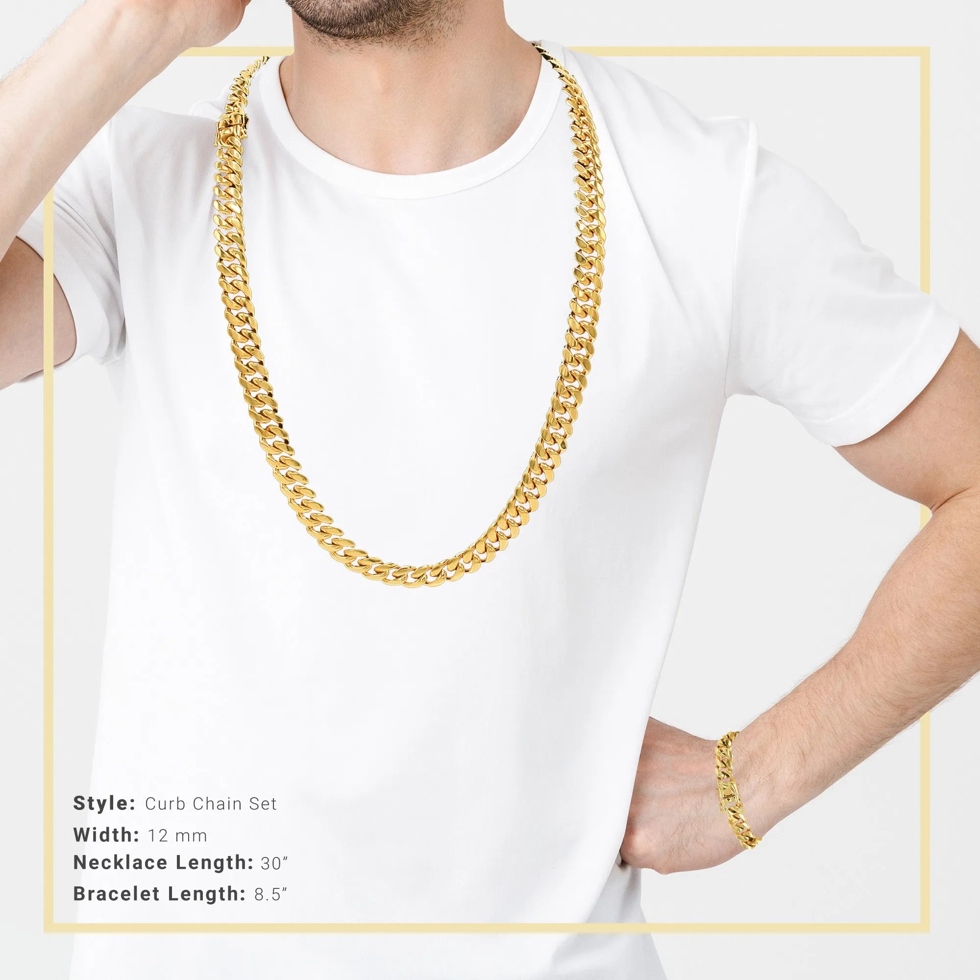 Cuban Link 14K Gold Plated Necklace 30" Bracelet 8.5" Set For Men