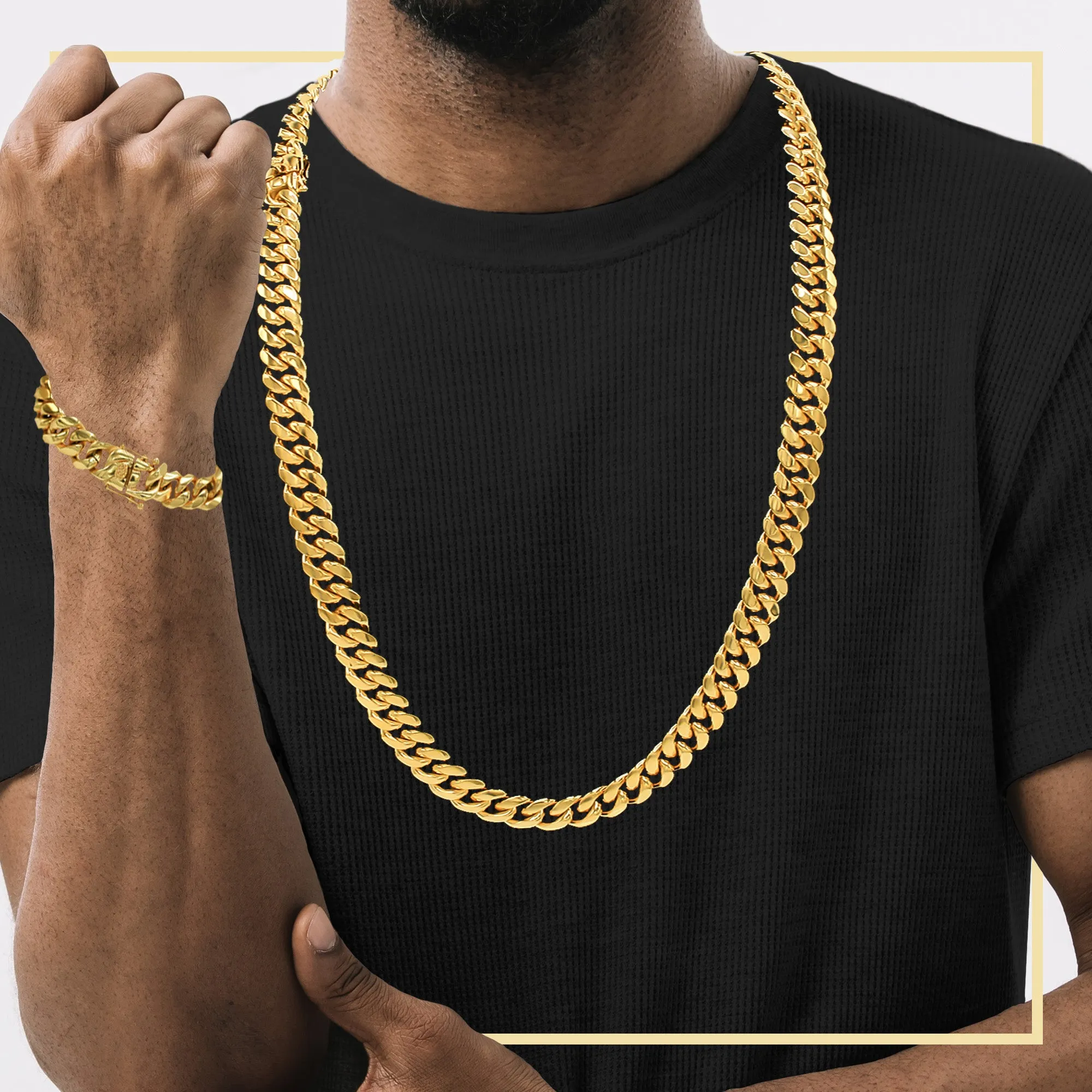 Cuban Link 14K Gold Plated Necklace 30" Bracelet 8.5" Set For Men