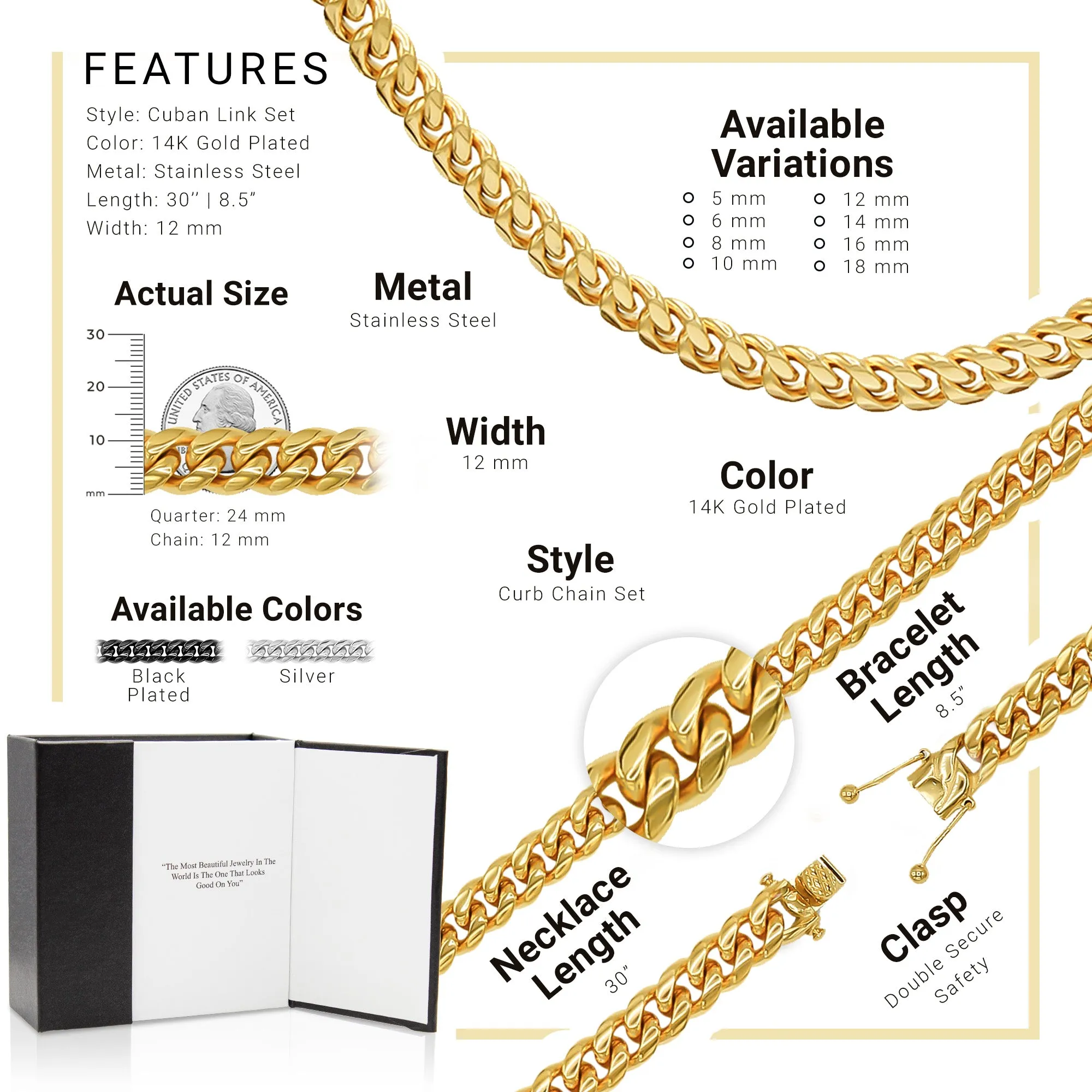 Cuban Link 14K Gold Plated Necklace 30" Bracelet 8.5" Set For Men