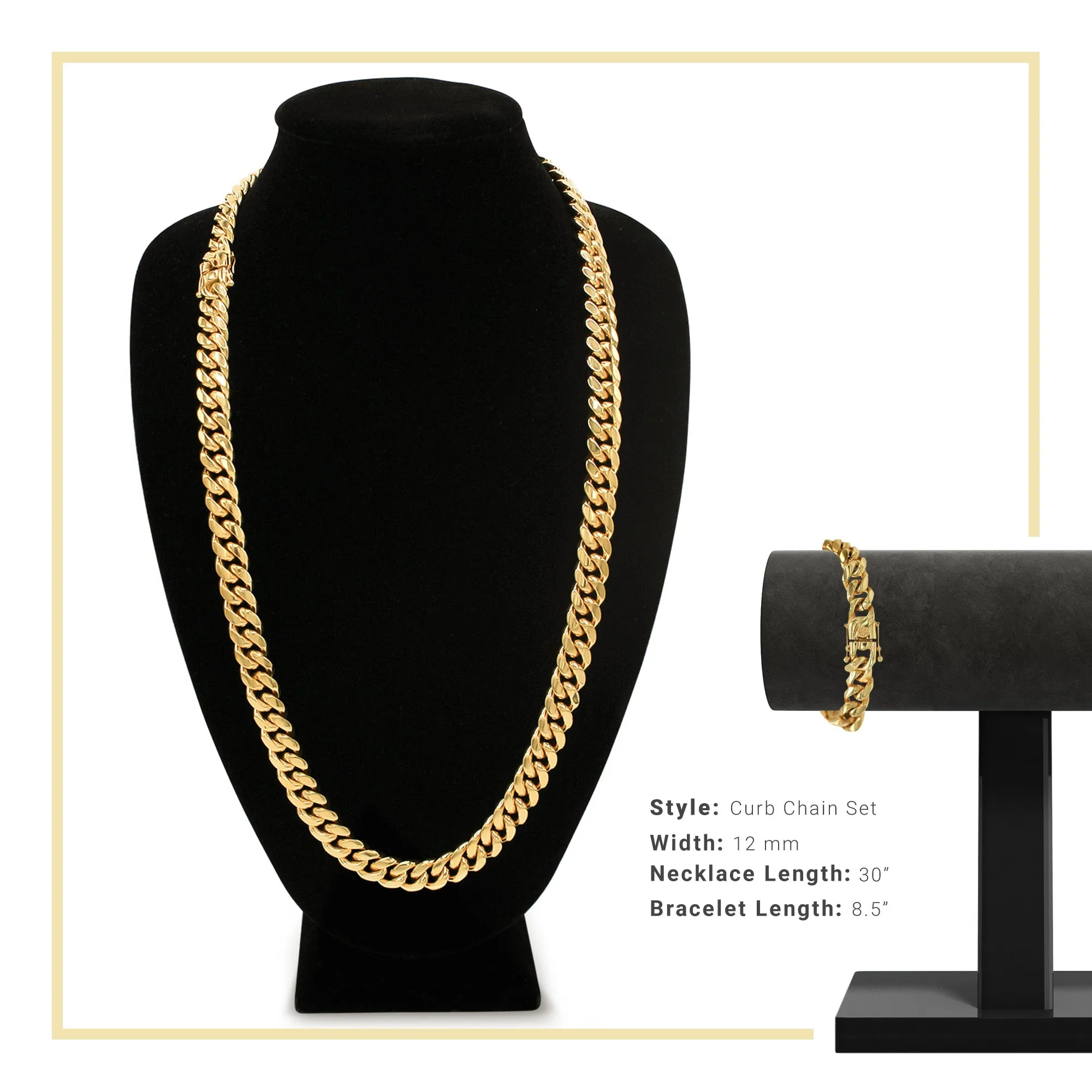 Cuban Link 14K Gold Plated Necklace 30" Bracelet 8.5" Set For Men