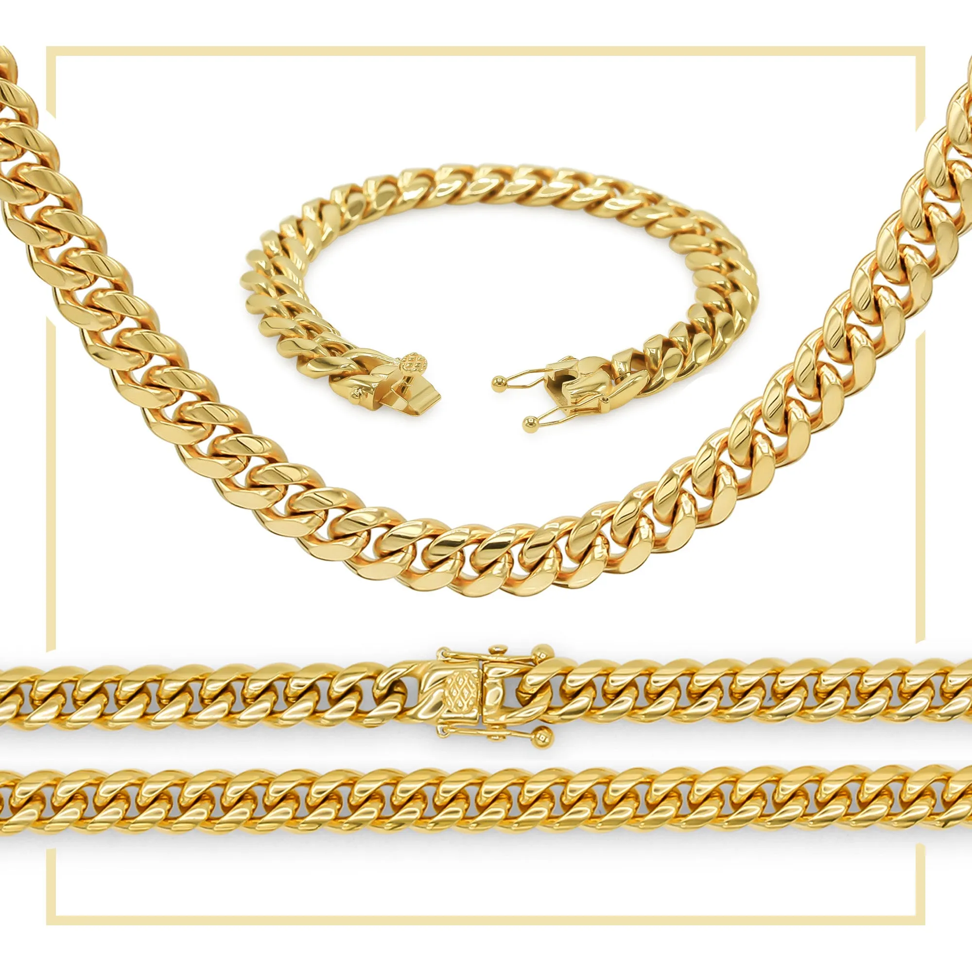 Cuban Link 14K Gold Plated Necklace 30" Bracelet 8.5" Set For Men